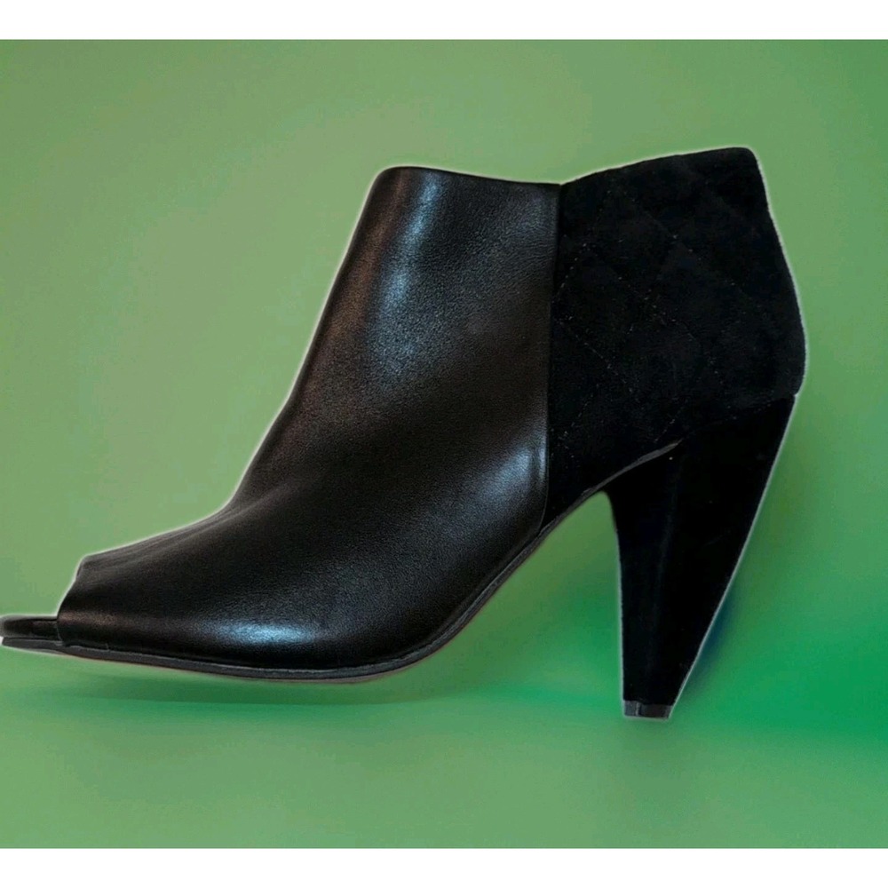 Sz 8.5M Seychelles Black Leather /‎ Quilted Suede Open Toe Heels Bootie Side Zip